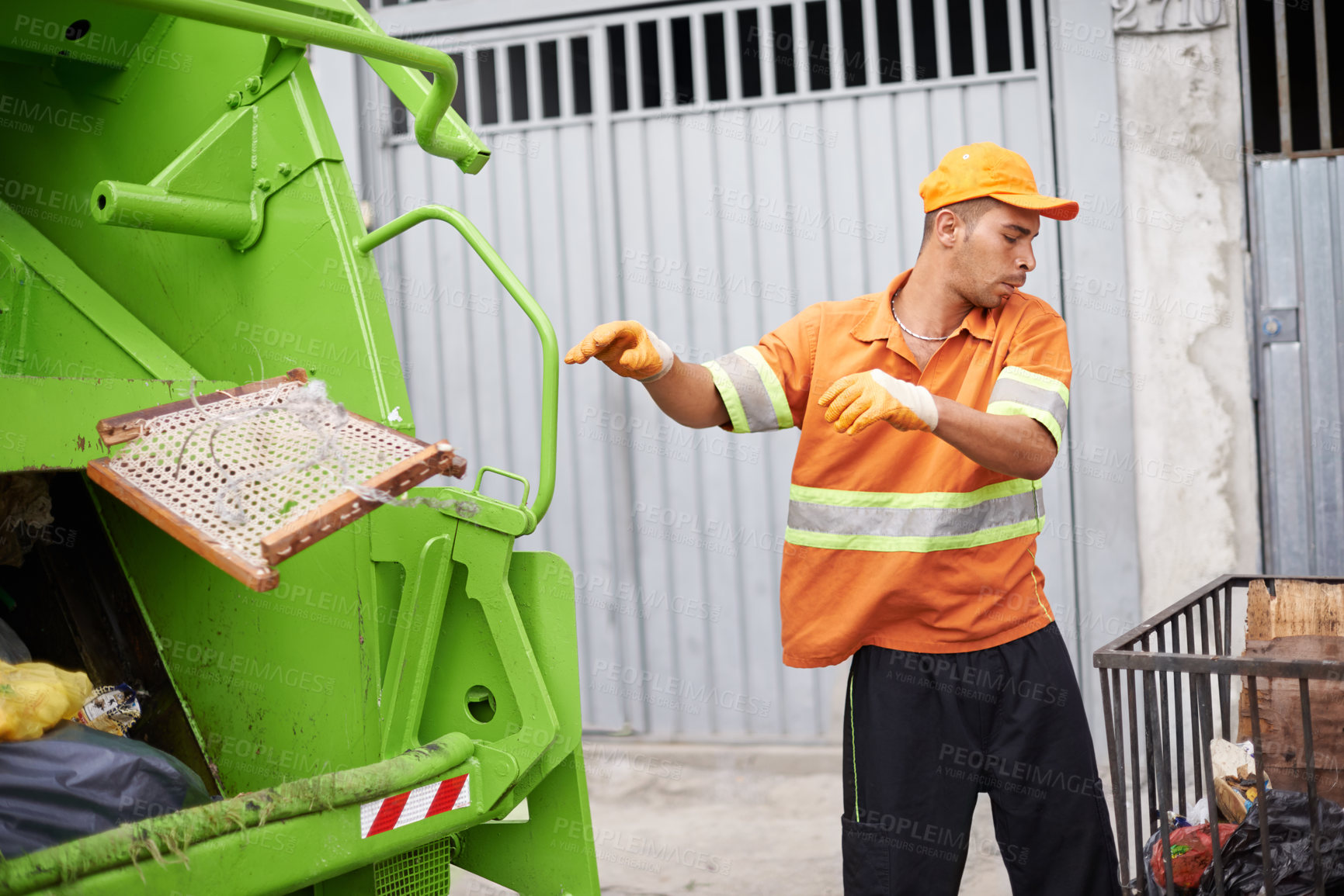 Buy stock photo Garbage truck, dirt and worker with collection service on street in city for public environment cleaning. Junk, recycling and man working with waste or trash for road sanitation with transport.