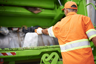 Buy stock photo Man, garbage truck and dirt collection on street or recycling pollution for waste management, cleaning or environment. Male person, back and refuse transportation in New York, service or maintenance