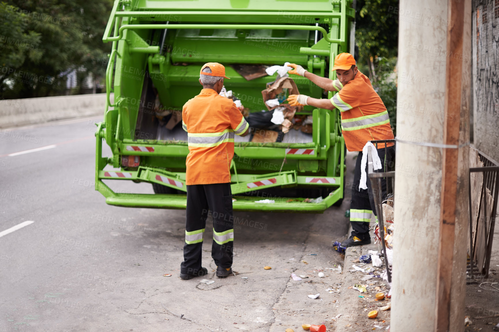 Buy stock photo Men, garbage truck and city sidewalk for collection service for public pollution for recycling, waste management or trash. Community worker, teamwork and plastic in New York for junk, refuse or dirt