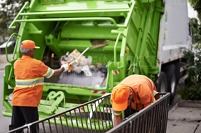 Buy stock photo Men, garbage truck and city container for collection service for public pollution for recycling, waste management or trash. Community worker, teamwork and plastic in New York for junk, refuse or dirt