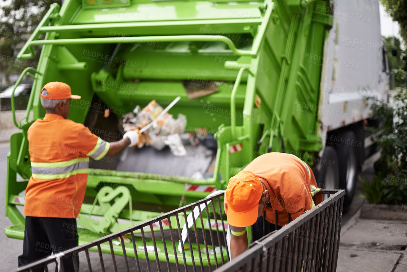 Buy stock photo Men, garbage truck and city container for collection service for public pollution for recycling, waste management or trash. Community worker, teamwork and plastic in New York for junk, refuse or dirt