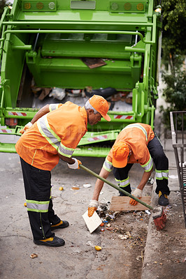 Buy stock photo Garbage truck, broom and men with collection service on street in city for public environment cleaning. Junk, recycling and male people working with waste or trash for road sanitation with transport.