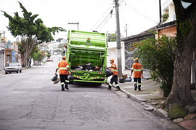 Buy stock photo Garbage truck, waste and men with collection service on street in city for public environment cleaning. Junk, recycling and male people working with dirt or trash for road sanitation with transport.