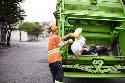 Buy stock photo Garbage truck, dirt and man with collection service on street in city for public environment cleaning. Junk, recycling and male person working with waste or trash for road sanitation with transport.