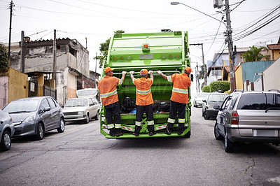 Buy stock photo Industry, waste management and garbage truck with people in uniform cleaning outdoor on city street. Job, service and men working with rubbish for sanitation, maintenance or collection of dirt.