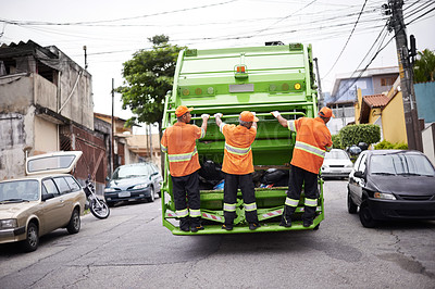 Buy stock photo Industry, waste management and garbage truck with men in uniform cleaning outdoor on city street. Job, service and male people working with rubbish for sanitation, maintenance or collection of dirt.