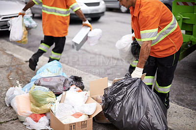 Buy stock photo Worker, street and bag of trash in city for cleaning, recycling and waste management with teamwork. Road, pollution and people with garbage for maintenance, service and transportation of dirt