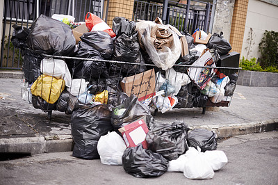 Buy stock photo Garbage, street and bags with trash, pile and dirty with recycling, New York city and environment. Container, waste management and dumpster on the sidewalk or pavement with pollution, road or plastic