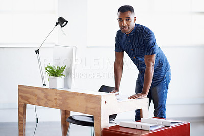Buy stock photo Man, portrait and writing notes at desk, employee and ideas in journal for inspiration in creative business. Black male person, notepad and planning for startup company, accountant and info in office