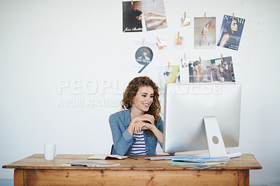 Buy stock photo Happy, woman and reading on computer for ideas, development or planning of online magazine or creative project. Visual editor, worker or graphic designer thinking of business website and social media