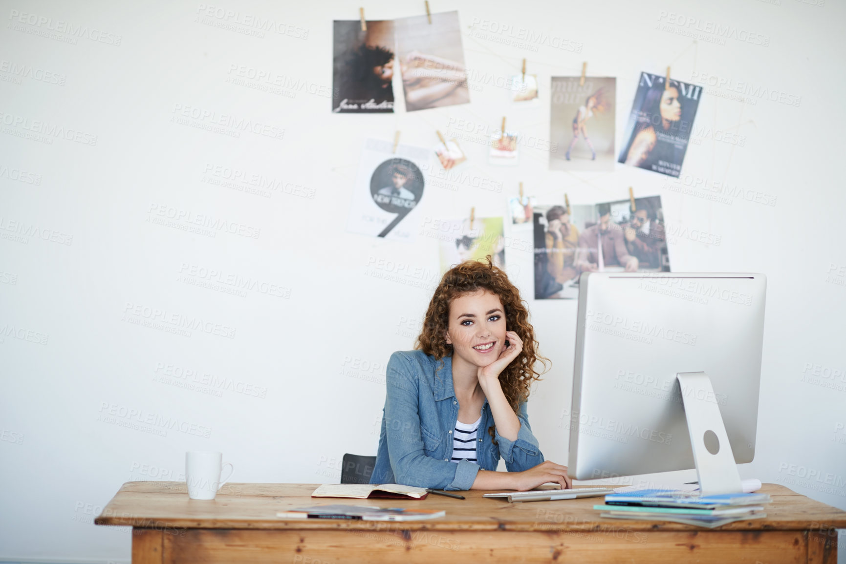 Buy stock photo Happy business woman, portrait and computer at desk in office and creative professional for writing in media. Journalist, face or confident by desktop for work or online review for magazine editing