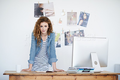 Buy stock photo Business, woman and portrait at creative desk and office for planning of startup project or online magazine. Portrait of young worker and visual editor or graphic designer of website or social media