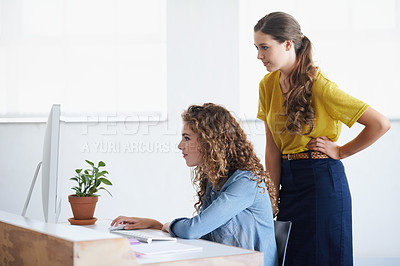 Buy stock photo Computer, women or manager coaching a worker in startup or research project in digital agency. Leadership, laptop or person helping, training or speaking of SEO data or online branding to employee