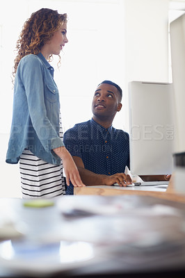 Buy stock photo Computer, black man or manager training a worker in startup or research project in digital agency. Leadership, laptop or woman helping, coaching or speaking of SEO data or online branding to employe
