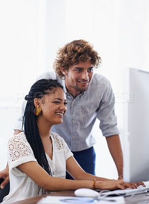 Buy stock photo Computer, happy people or manager coaching a woman in startup or research project in digital agency. Leadership, laptop or man helping, training or speaking of data or online networking to employee