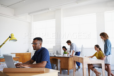 Buy stock photo Journalist, office or black man typing on laptop working on email, business project or online research. Computer, data or serious worker copywriting on blog, reports or internet article with focus 