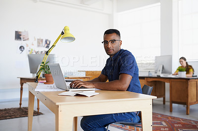 Buy stock photo Journalist, portrait or serious black man typing on laptop working on email, business project or online research. Computer, digital or focused worker copywriting on blog, reports or internet article 