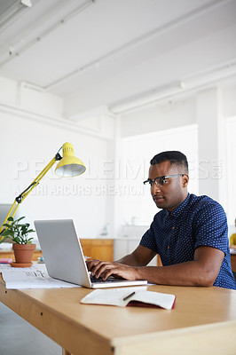 Buy stock photo Journalist, office or black man copywriting on laptop working on business project or online research. Computer, digital agency or focused worker typing for blog content, reports or internet article 