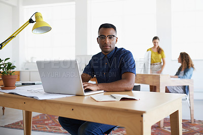Buy stock photo Journalist, portrait or black man with laptop for research working on online business or copywriting. Computer, digital agency or focused worker typing for blog content, reports or internet article 