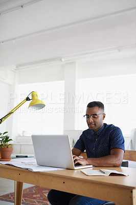 Buy stock photo Journalist, typing or black man with laptop for research working on online business or copywriting. Computer, digital agency or focused worker searching for blog content, reports or internet article 