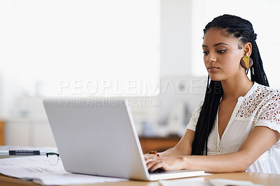 Buy stock photo Journalist, typing or girl with laptop for research working on online business or copywriting in digital agency. Computer or focused biracial woman searching for blog content, email or article site