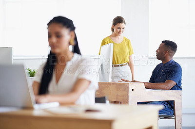 Buy stock photo Computer, black man or woman coaching a worker in startup or research project in digital agency. Leadership, laptop or manager helping, training or speaking of SEO data or online branding to employee