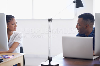Buy stock photo Computer, people or black man talking to woman in startup or research project in digital agency. Collaboration, laptop or worker helping, training or speaking of online communication to employee
