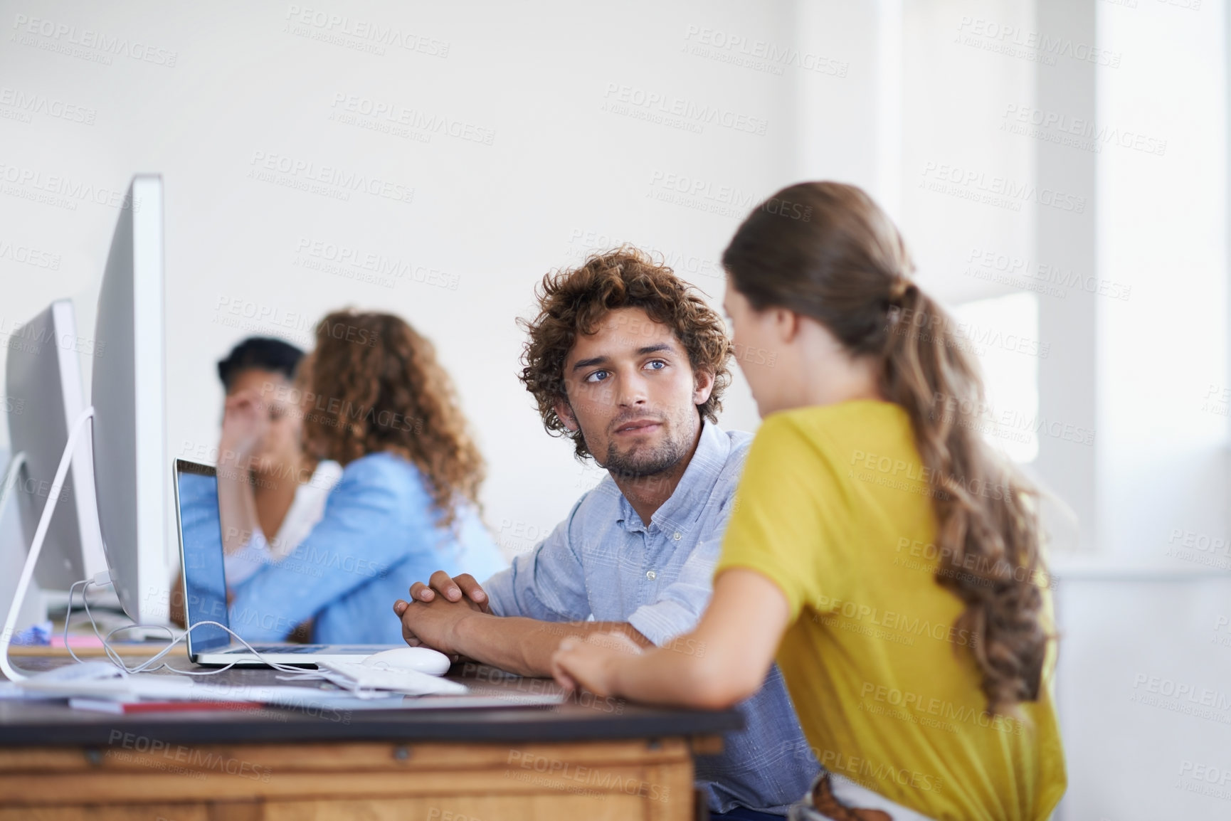 Buy stock photo Teamwork, computer or creative people planning in startup for a research project in office together. Collaboration, focus or young woman helping or speaking of design ideas on notes or pc desktop