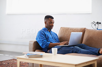 Buy stock photo Man, laptop and internet for remote work at home, freelancer and copywriting in living room. Black male person, online and plan on tech or connection for website, information and research for article