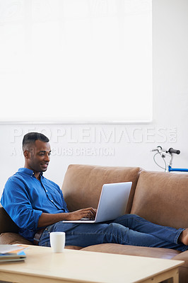 Buy stock photo Man, laptop and freelancer for remote work at home, plan and copywriting in living room. Black male person, mockup space and connection for research on website, information and typing an article