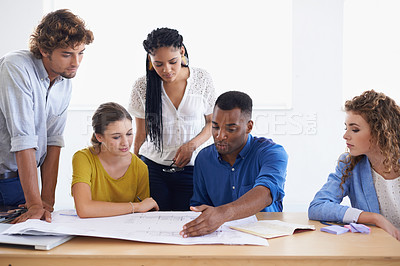 Buy stock photo Creative business people, blueprint and planning for architecture or construction on office desk. Architect group working or discussing project or floor plan in team collaboration meeting for startup