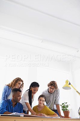Buy stock photo Discussion, meeting and business people in office for planning, group project and talking with documents. Mockup space, creative agency and men and women for teamwork, collaboration and consulting