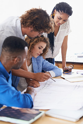 Buy stock photo Diverse group, blueprint and teamwork at office for building design with plan, project and ideas. Colleagues, collaboration and work for architect company with problem solving for structure.