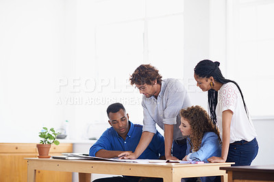 Buy stock photo Businessman, coaching and paperwork in meeting for planning, team strategy or training staff at the office. Business people with coach and document in teamwork for group project or plan at workplace