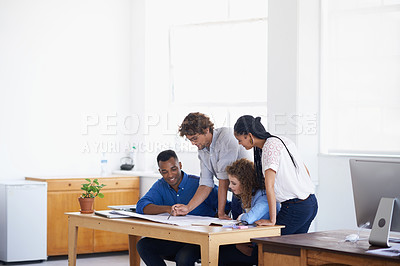 Buy stock photo Businessman, coaching and document in team planning, strategy or training staff at the office. Business people with coach or paperwork in teamwork for group project plan or brainstorming at workplace