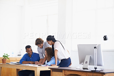 Buy stock photo Creative business people, documents and planning in meeting for team collaboration or strategy at the office. Group of employees working on paperwork, project plan or brainstorming ideas for startup