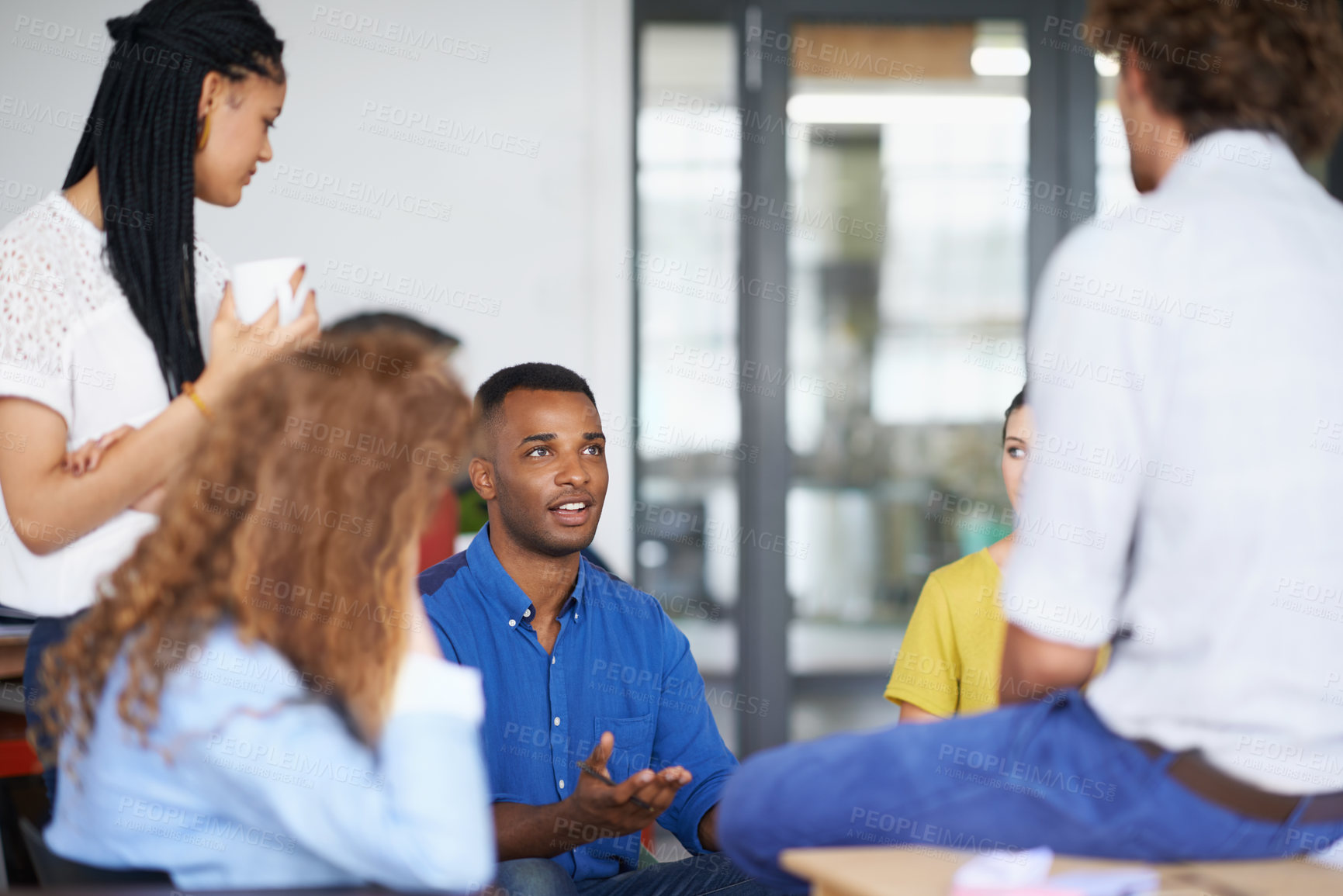 Buy stock photo Diverse group, collaboration and meeting at office for strategy with brainstorming, project and ideas for client. Colleagues, tasks and teamwork for startup company with planning and creativity