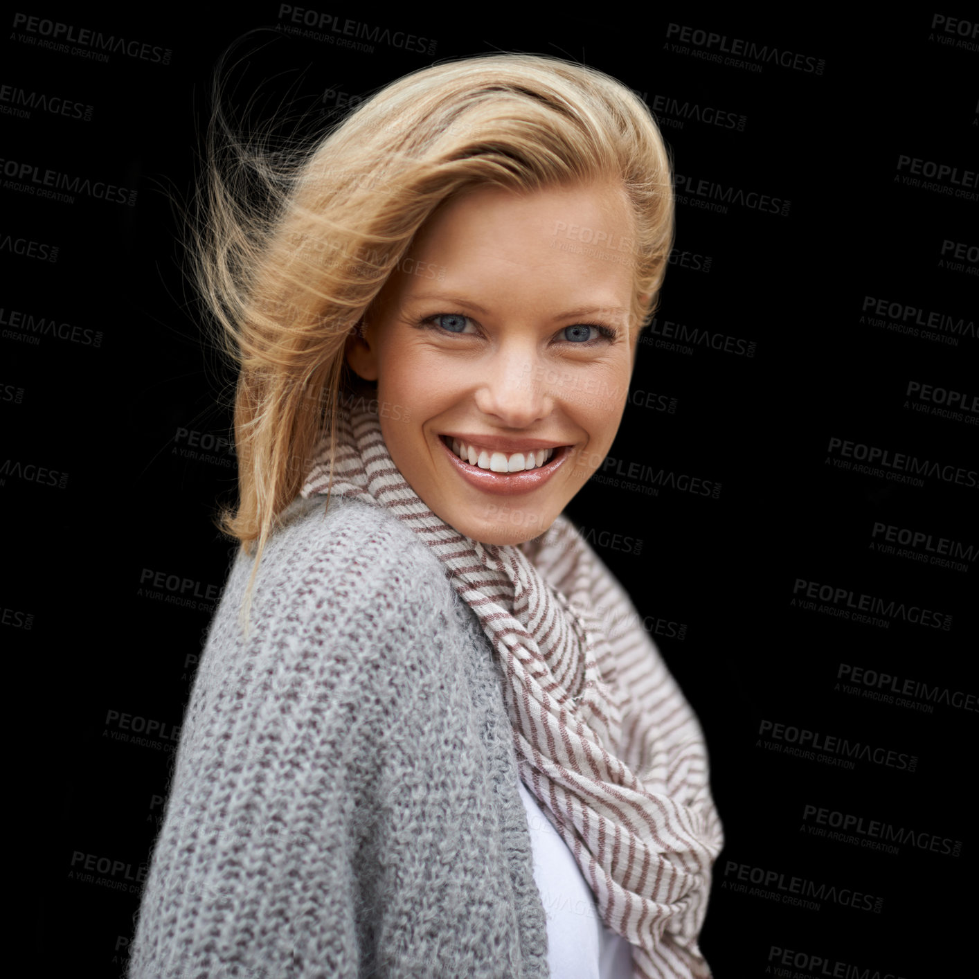 Buy stock photo Autumn, fashion and portrait of happy woman in studio, black background or mock up space. Casual, style and girl with beauty from makeup, cosmetics or positive attitude in cardigan, jersey and scarf