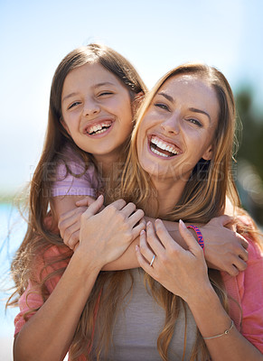 Buy stock photo Mother, child and portrait with outdoor hug or relax holiday with blue sky in summer, bonding or connection. Female person, daughter and face with embrace in California for love, caring or parenting