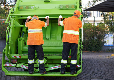 Buy stock photo Garbage truck, men and service for waste management and teamwork with routine and cleaning the city. Employees, recycle and environment with transportation and green energy with trash and sanitation