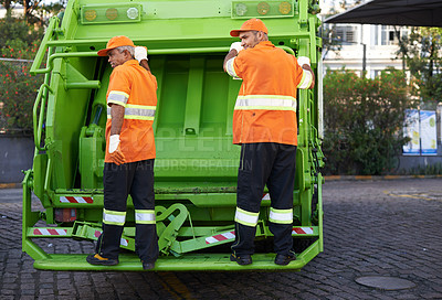 Buy stock photo Garbage collector, service and truck for waste management and teamwork with routine and cleaning the city. Road, recycling and environment with transportation and green energy with trash or street