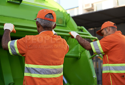 Buy stock photo Garbage collector, men and truck for waste management and teamwork with routine and cleaning the city. Employees, recycle and environment with transportation and green energy with trash and service