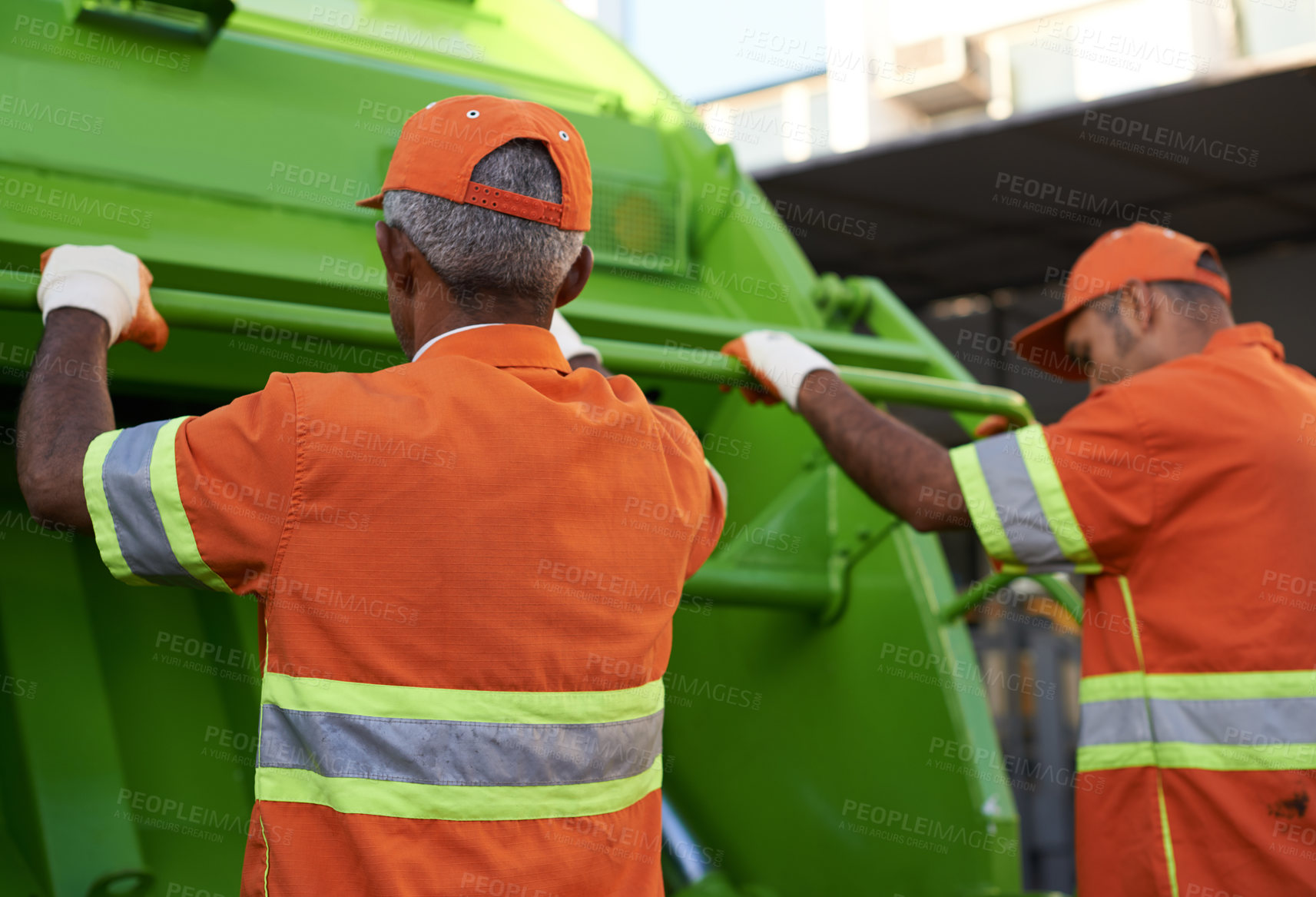 Buy stock photo Garbage collector, men and truck for waste management and teamwork with routine and cleaning the city. Employees, recycle and environment with transportation and green energy with trash and service