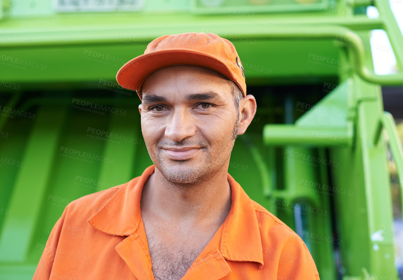 Buy stock photo Male, garbage collector and dump truck smiling portrait, sanitation and municipal worker for world clean up day. Waste management, pollution and trash pick up for recycling  service and dirt removal 