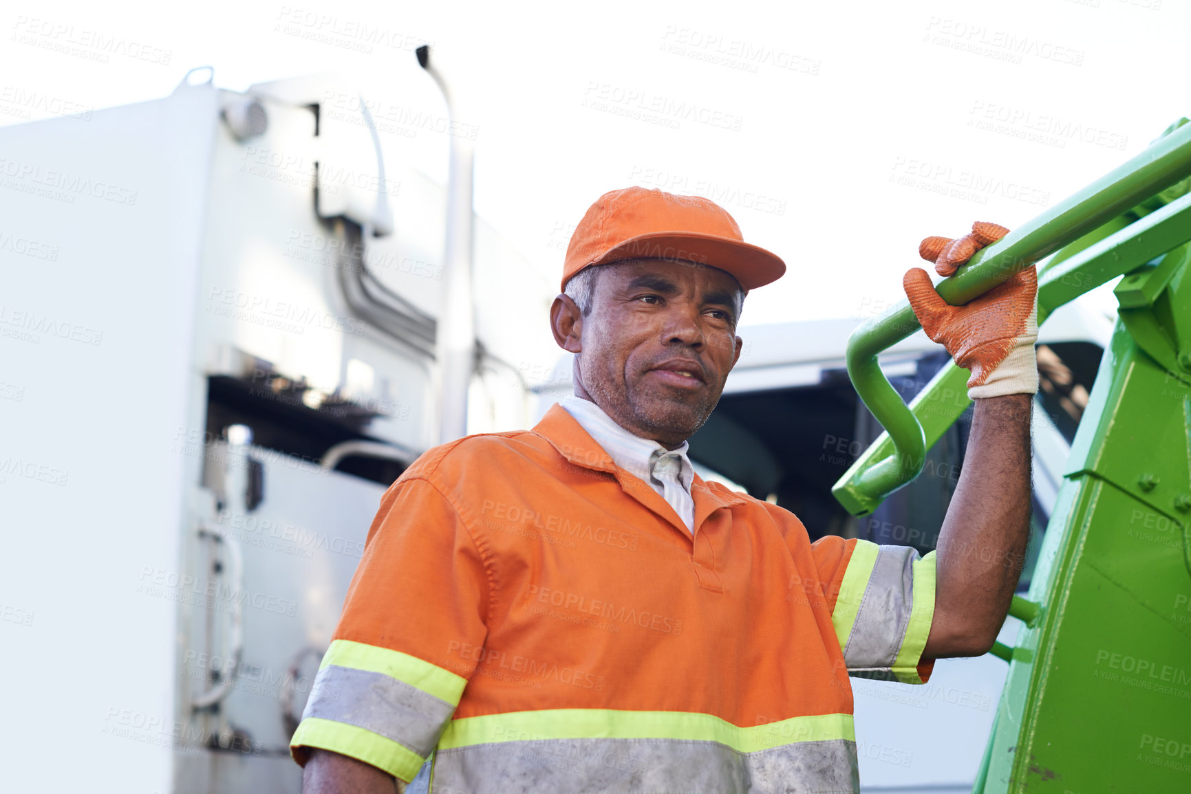 Buy stock photo City, worker and man with garbage truck for trash, waste management and maintenance service. Urban, cleaning and industrial person working with rubbish collection, infrastructure and sanitation