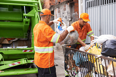 Buy stock photo City, trash and people with garbage truck working in waste management and maintenance service. Urban, cleaning and men outdoor with industrial sanitation, collection of rubbish and infrastructure