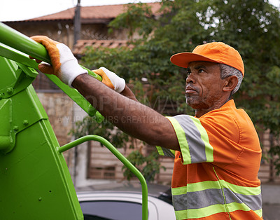 Buy stock photo City, worker and man with garbage truck for trash, waste management and maintenance service. Urban, cleaning and industrial person outdoor with rubbish collection, infrastructure and sanitation