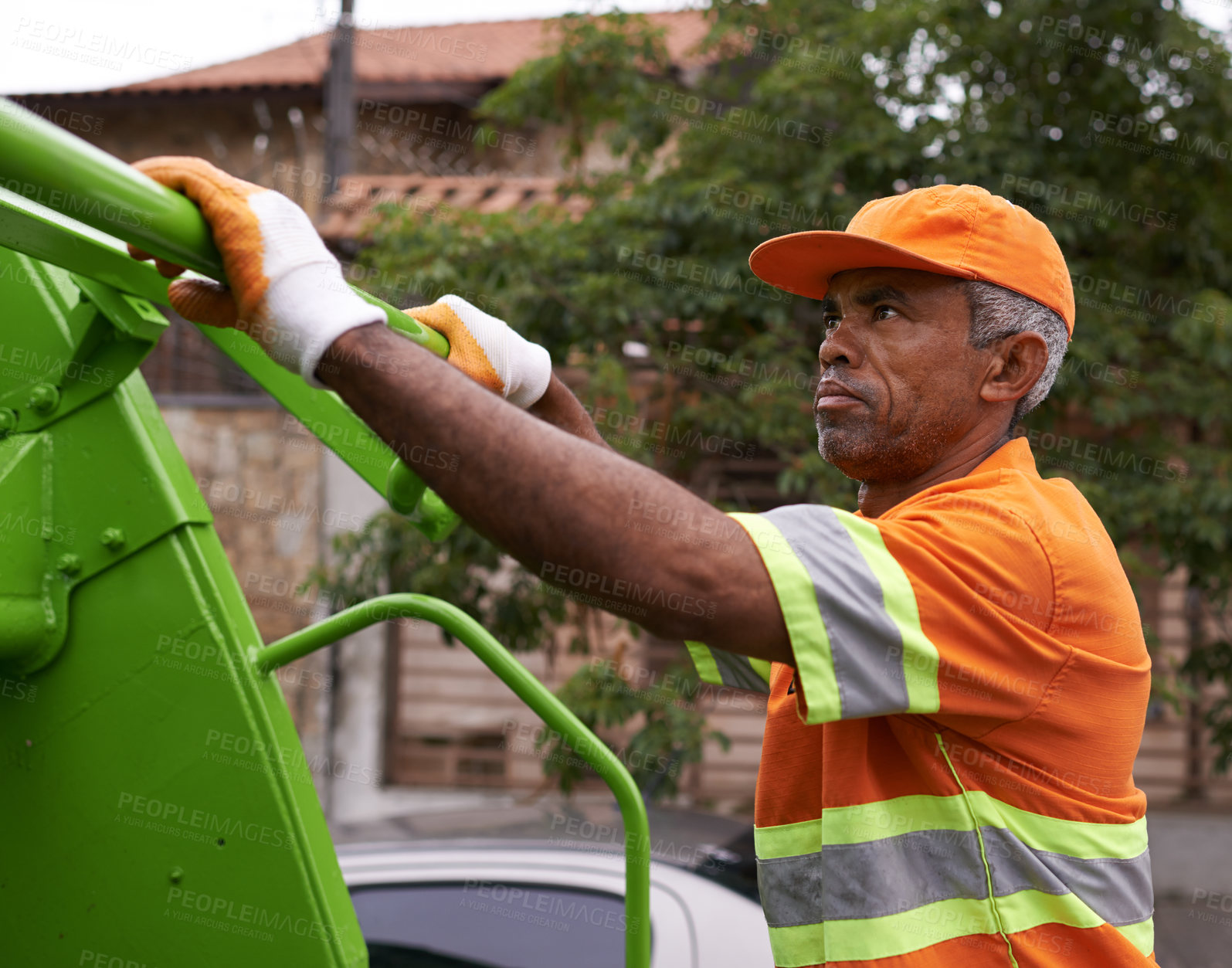 Buy stock photo City, worker and man with garbage truck for trash, waste management and maintenance service. Urban, cleaning and industrial person outdoor with rubbish collection, infrastructure and sanitation