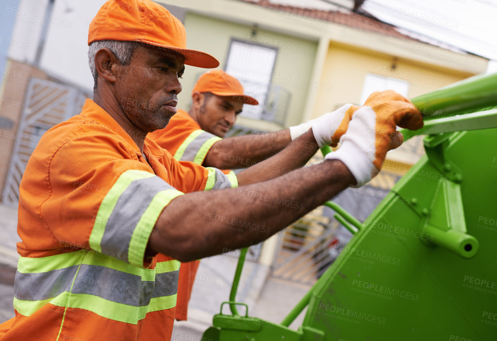 Buy stock photo Garbage truck, men and cleaning the city for waste management and teamwork with routine and service. Employees, recycle and sanitation with transportation and green energy with trash and vehicle