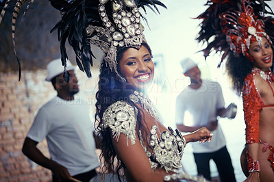 Buy stock photo Smile, carnival or happy woman in costume or portrait for celebration, music culture or band in Brazil. Event, night or proud girl dancer with fashion at festival, parade or show in Rio de Janeiro